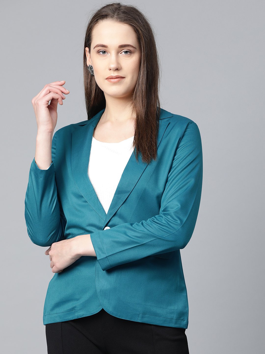 Jompers Women Teal Blue Solid Single-Breasted Smart Casual Blazer - Distacart