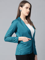 Thumbnail for Jompers Women Teal Blue Solid Single-Breasted Smart Casual Blazer - Distacart