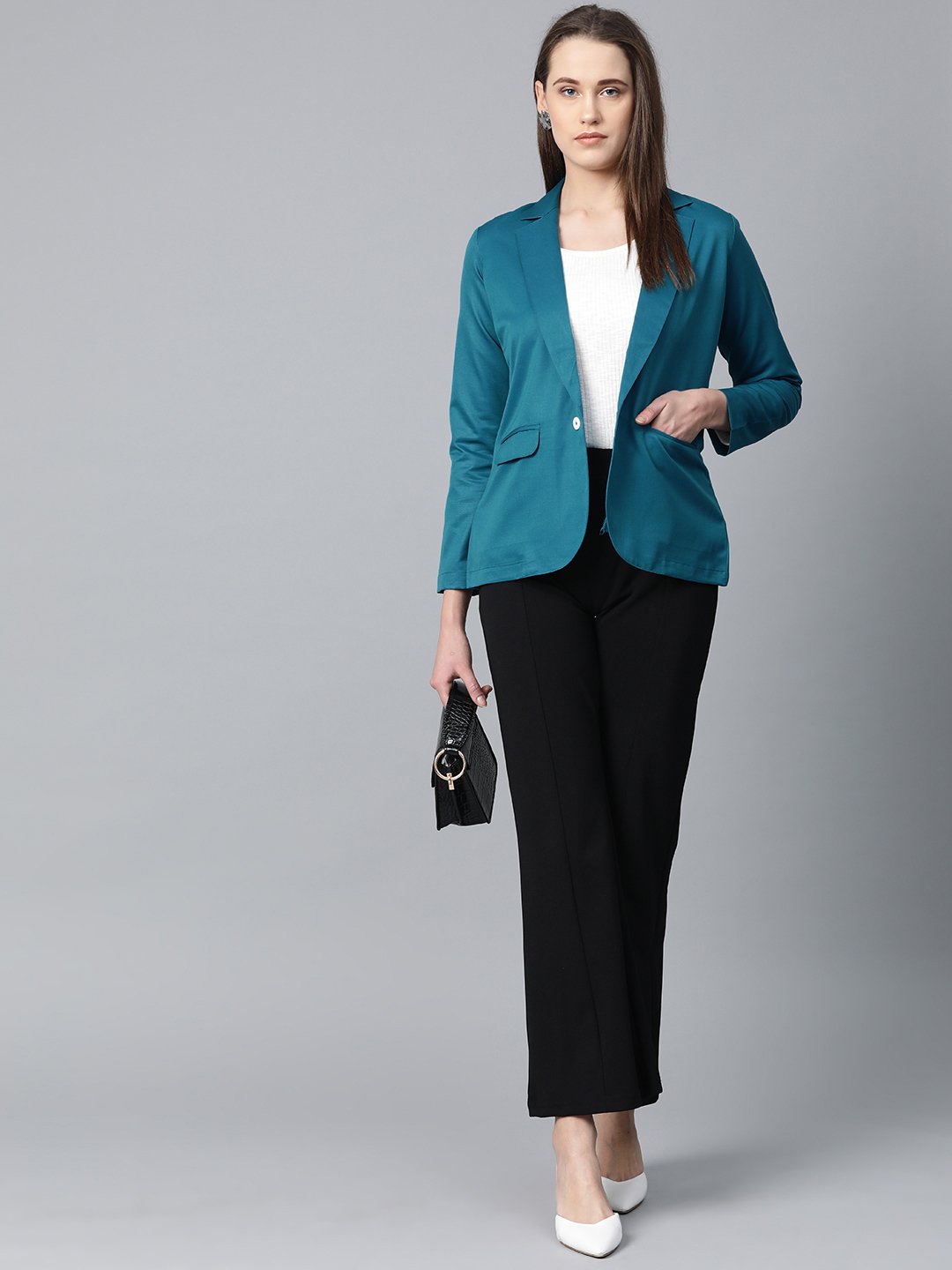 Jompers Women Teal Blue Solid Single-Breasted Smart Casual Blazer - Distacart