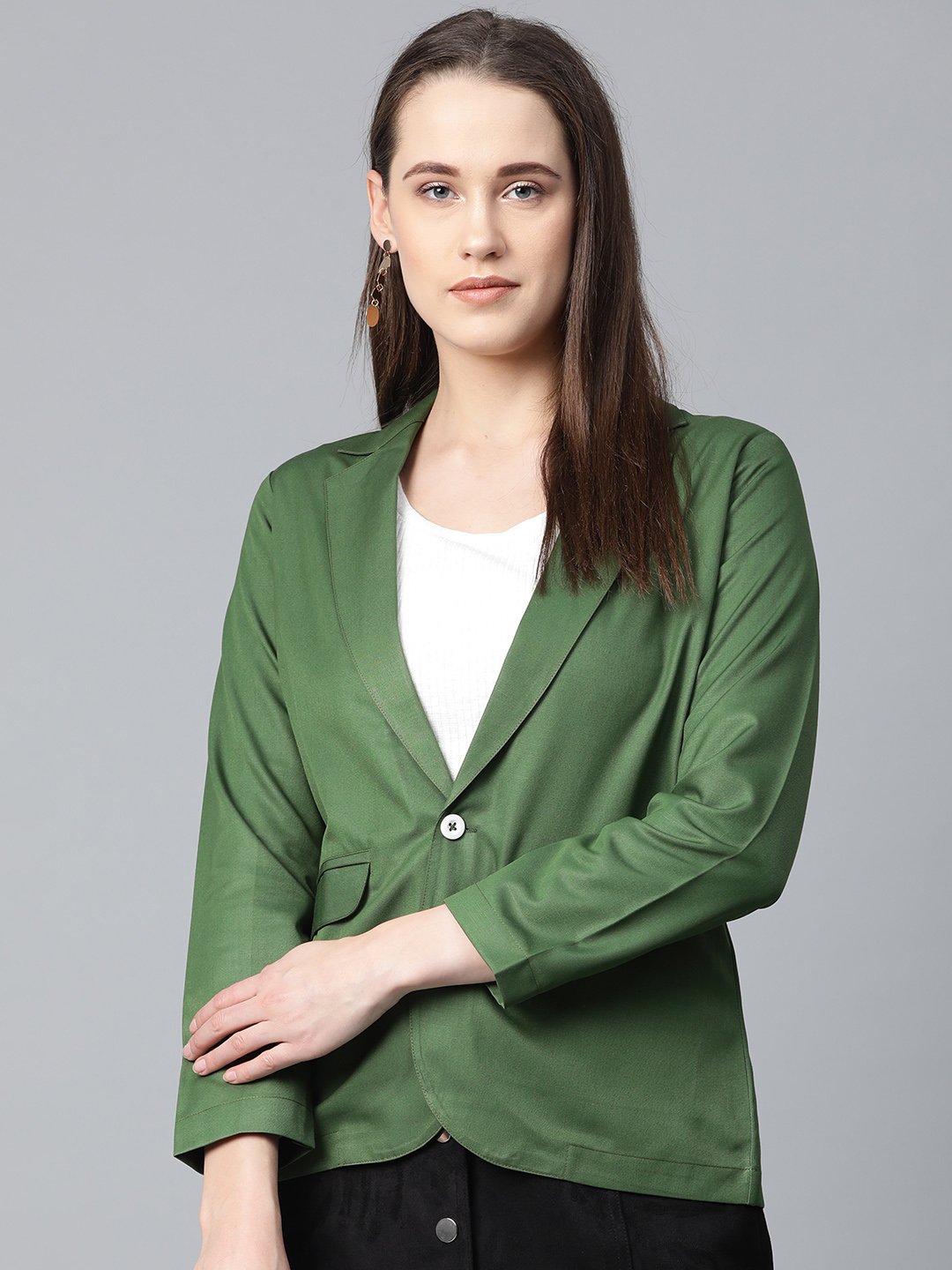Jompers Women Olive-Green Solid Single-Breasted Smart Casual Blazer - Distacart