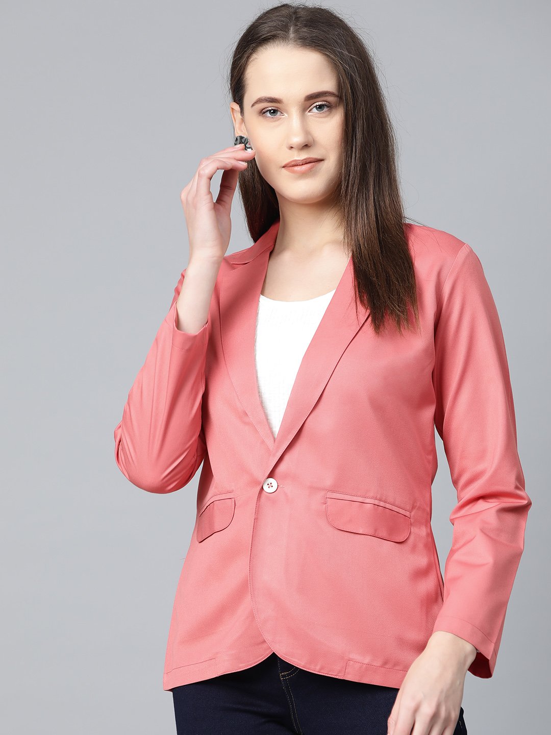 Jompers Women Peach Solid Single-Breasted Smart Casual Blazer - Distacart
