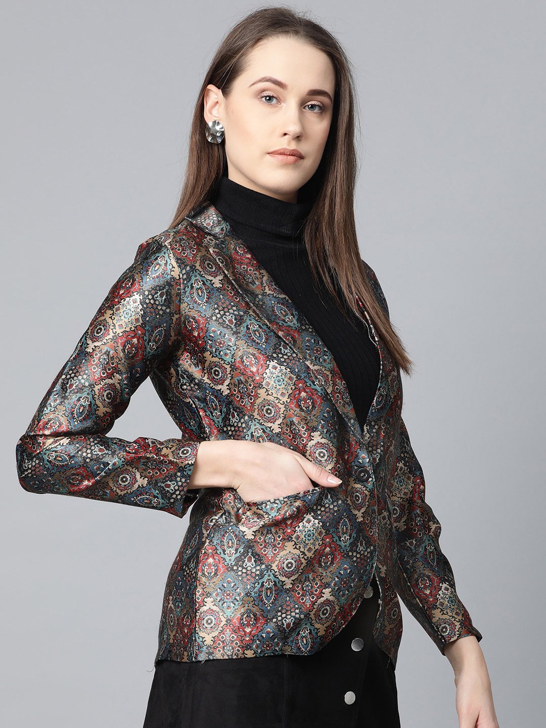 Jompers Women Blue & Maroon Satin Finish Printed Single-Breasted Blazer - Distacart