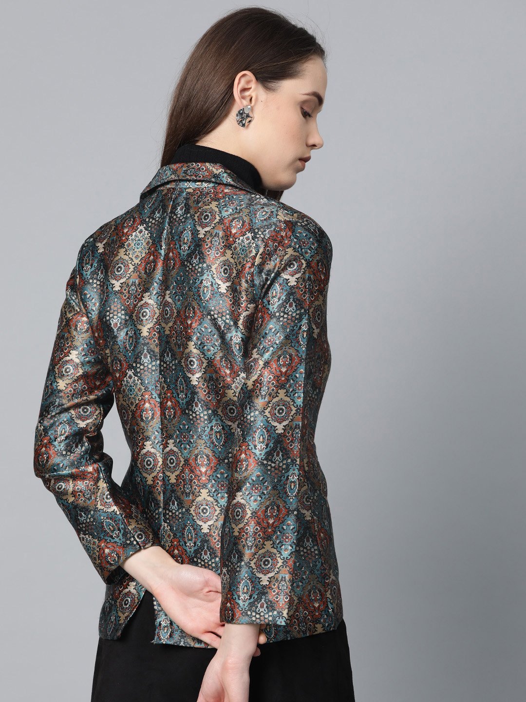 Jompers Women Blue & Maroon Satin Finish Printed Single-Breasted Blazer - Distacart