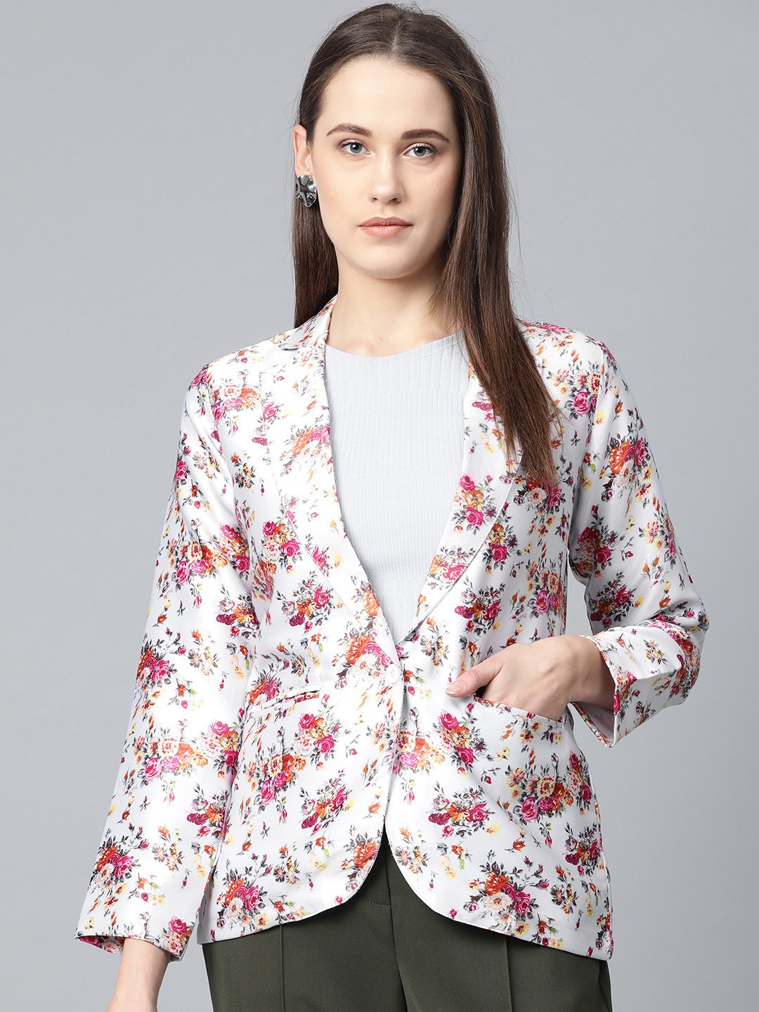 Jompers Women Grey & Pink Satin Floral Print Single-Breasted Casual Blazer - Distacart