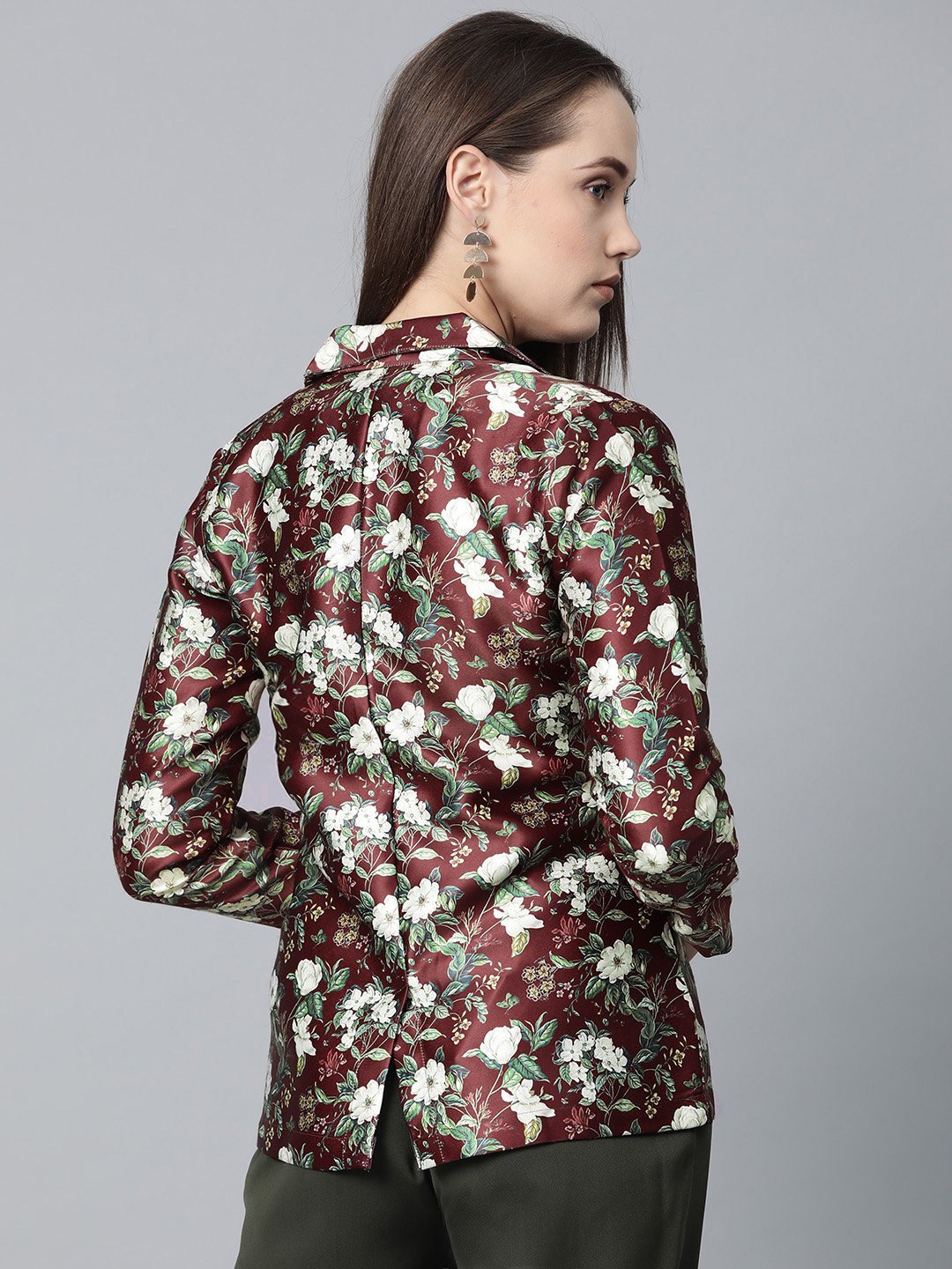 Jompers Women Maroon & Green Satin Floral Print Single-Breasted Casual Blazer - Distacart