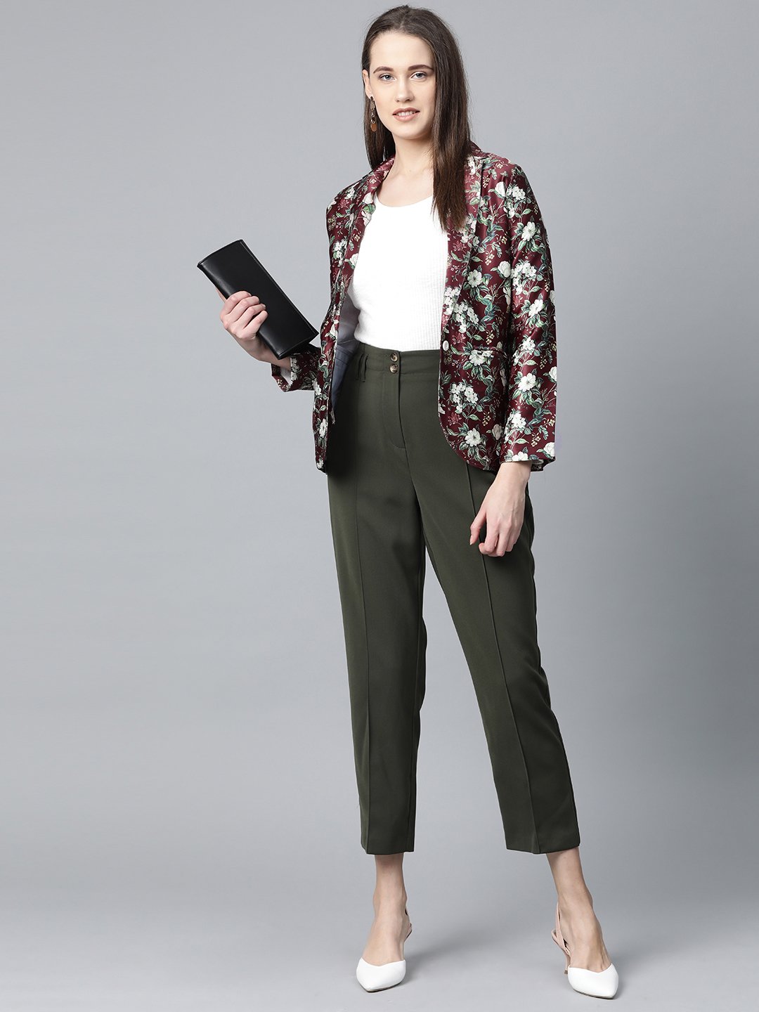 Jompers Women Maroon & Green Satin Floral Print Single-Breasted Casual Blazer - Distacart
