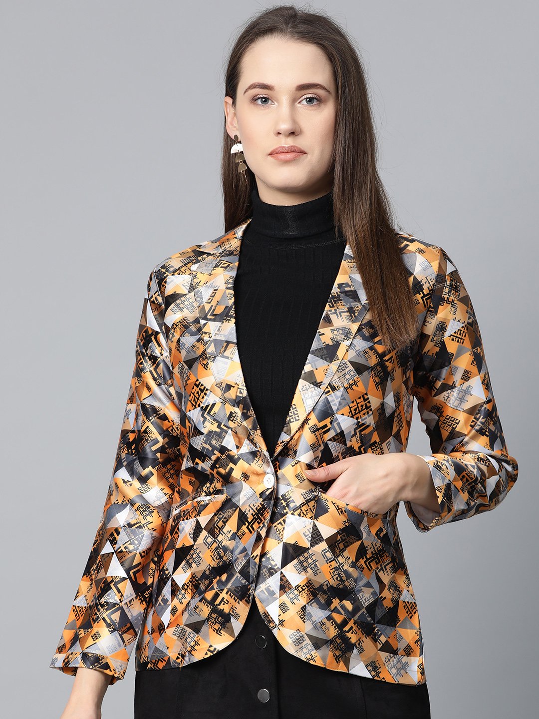 Jompers Women Mustard Yellow & Grey Satin Finish Printed Single-Breasted Blazer - Distacart