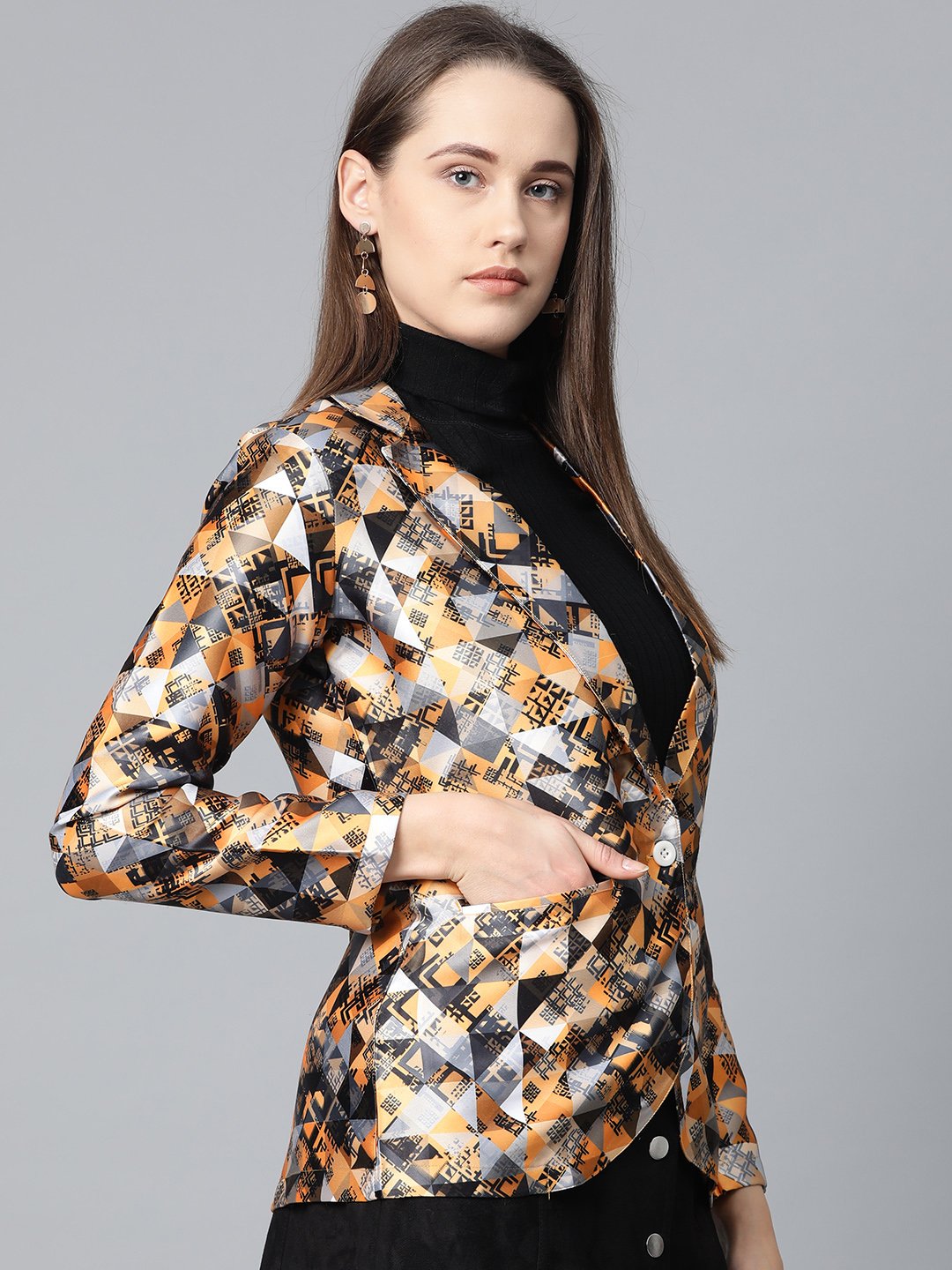Jompers Women Mustard Yellow & Grey Satin Finish Printed Single-Breasted Blazer - Distacart