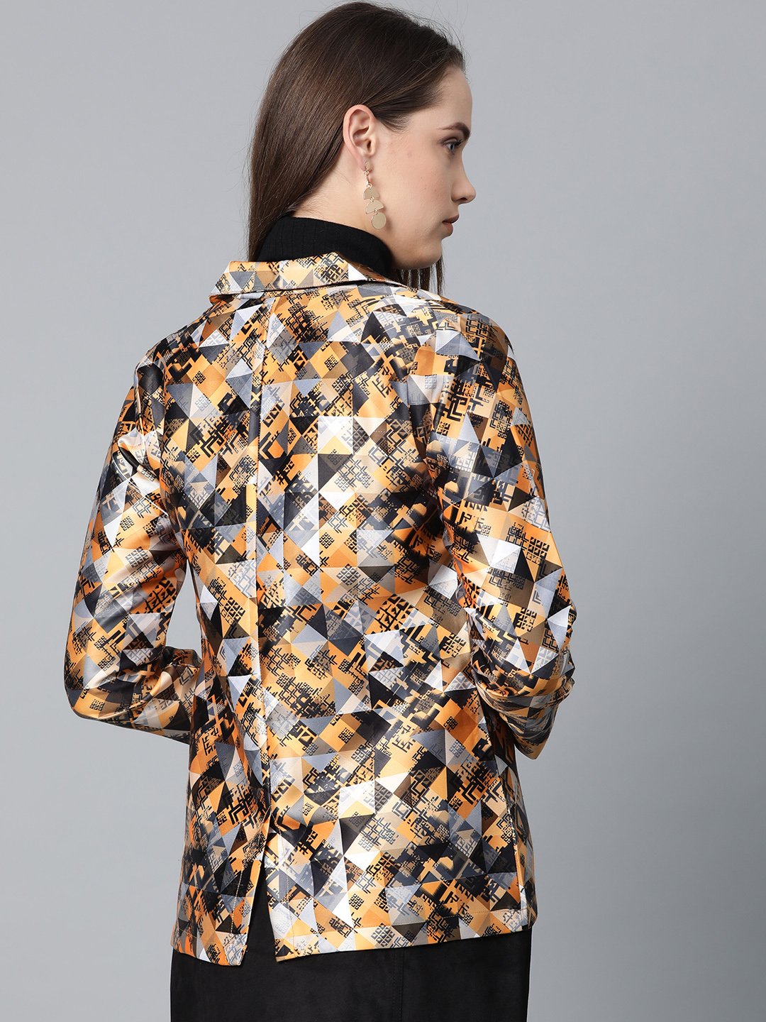 Jompers Women Mustard Yellow & Grey Satin Finish Printed Single-Breasted Blazer - Distacart