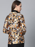 Thumbnail for Jompers Women Mustard Yellow & Grey Satin Finish Printed Single-Breasted Blazer - Distacart