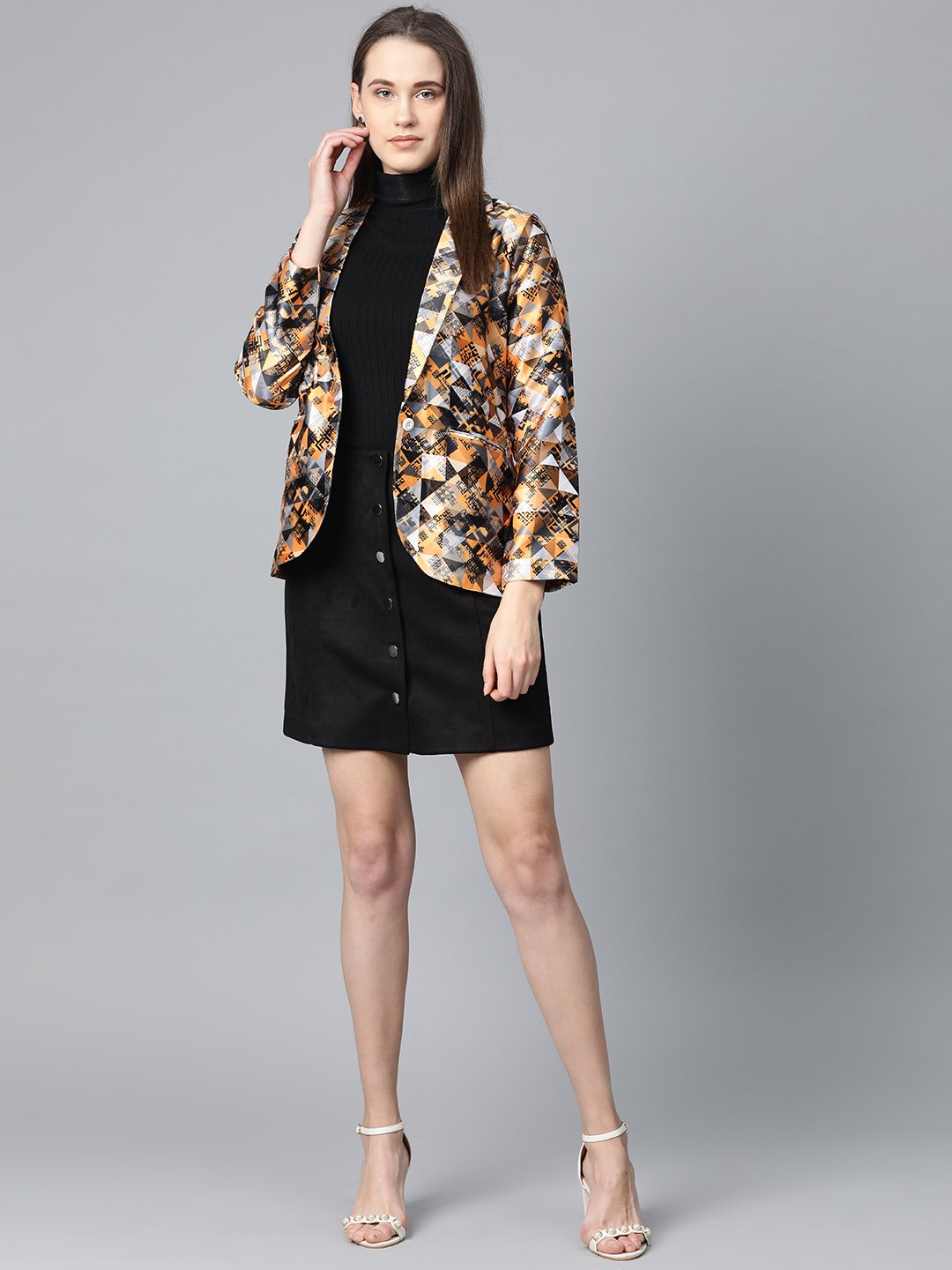 Jompers Women Mustard Yellow & Grey Satin Finish Printed Single-Breasted Blazer - Distacart