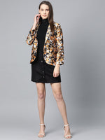 Thumbnail for Jompers Women Mustard Yellow & Grey Satin Finish Printed Single-Breasted Blazer - Distacart