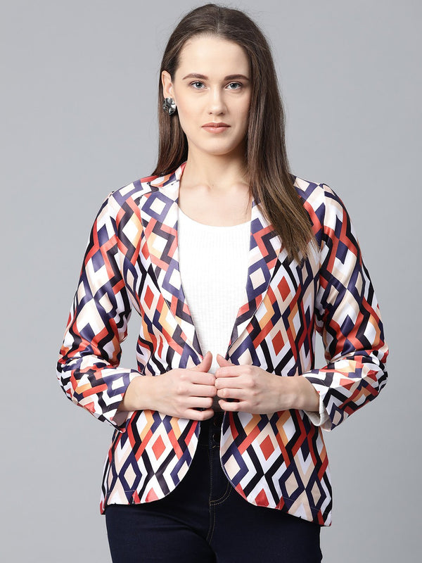 Jompers Women Multi-Coloured Satin Finish Printed Single-Breasted Blazer - Distacart