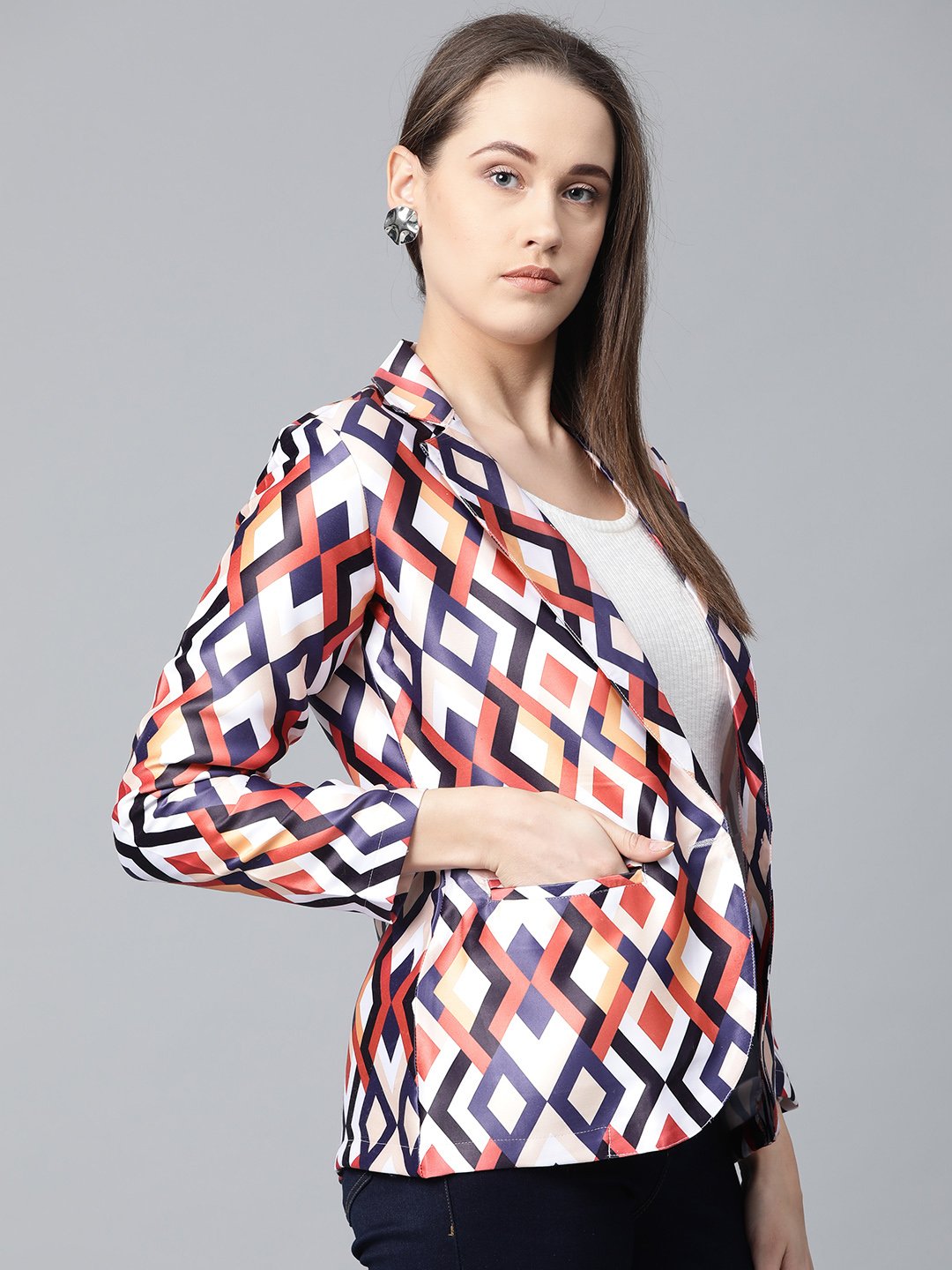 Jompers Women Multi-Coloured Satin Finish Printed Single-Breasted Blazer - Distacart