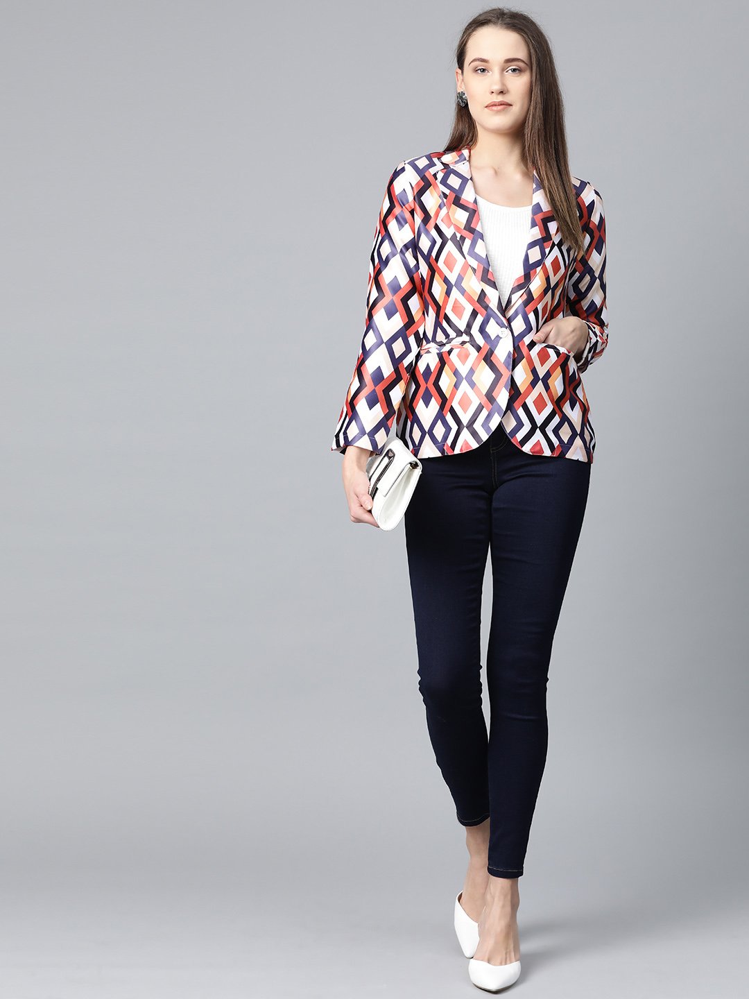 Jompers Women Multi-Coloured Satin Finish Printed Single-Breasted Blazer - Distacart