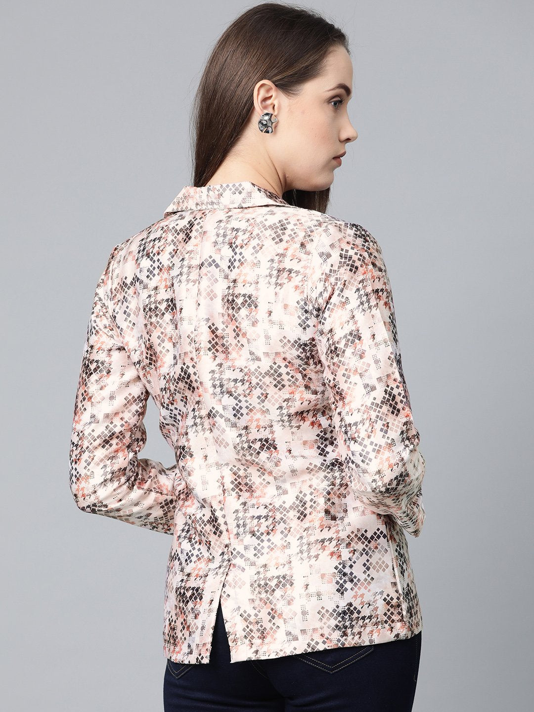 Jompers Women Peach-Coloured & Grey Satin Printed Single-Breasted Casual Blazer - Distacart