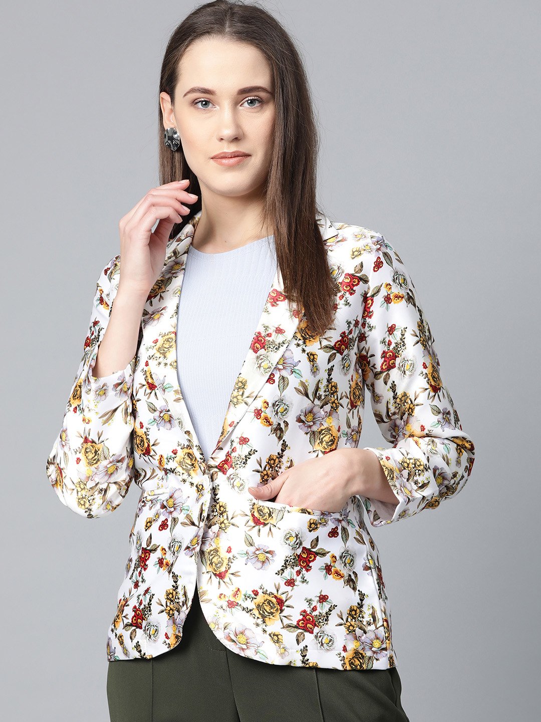 Jompers Women White & Yellow Satin Finish Floral Print Single-Breasted Blazer - Distacart