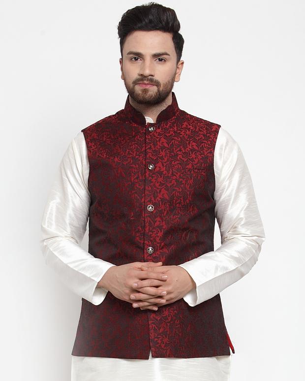 Jompers Men Maroon-Coloured & Black Woven Design Nehru Jacket - Distacart
