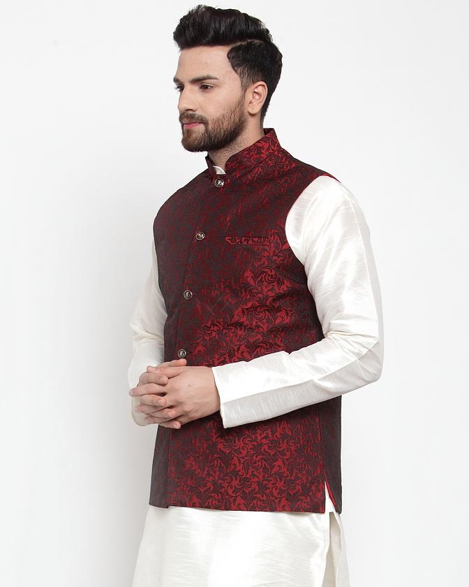 Jompers Men Maroon-Coloured & Black Woven Design Nehru Jacket - Distacart
