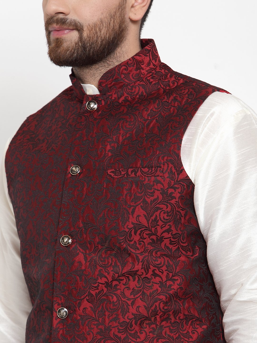 Jompers Men Maroon Coloured Black Woven Design Nehru Jacket