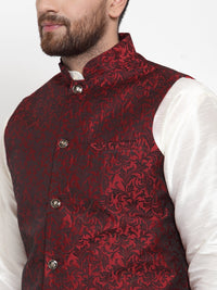 Thumbnail for Jompers Men Maroon-Coloured & Black Woven Design Nehru Jacket - Distacart