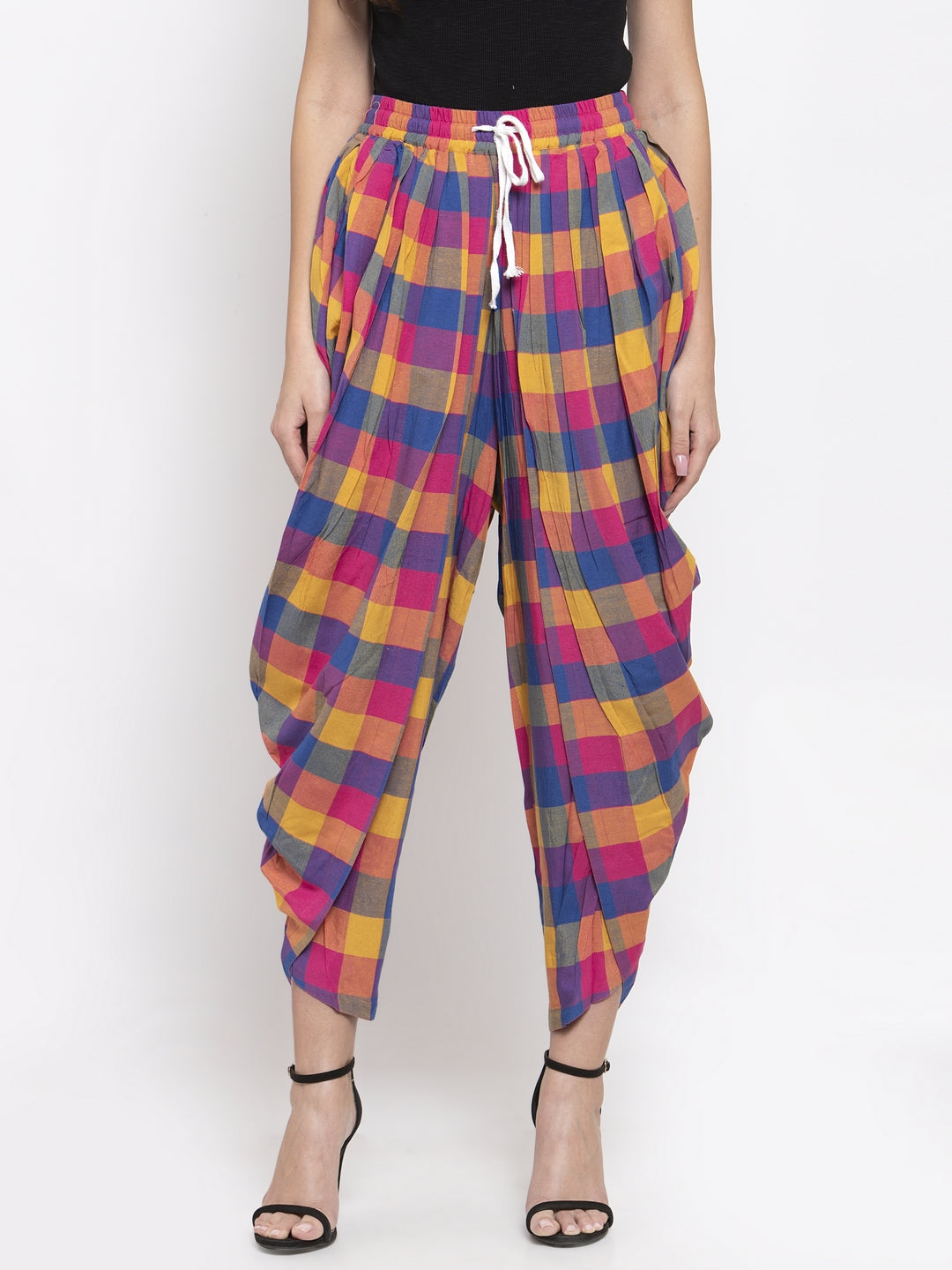 Jompers Women Pink and Yellow Checked Dhoti - Distacart