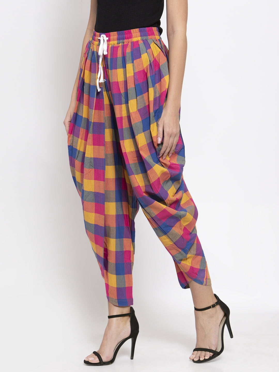 Jompers Women Pink and Yellow Checked Dhoti - Distacart