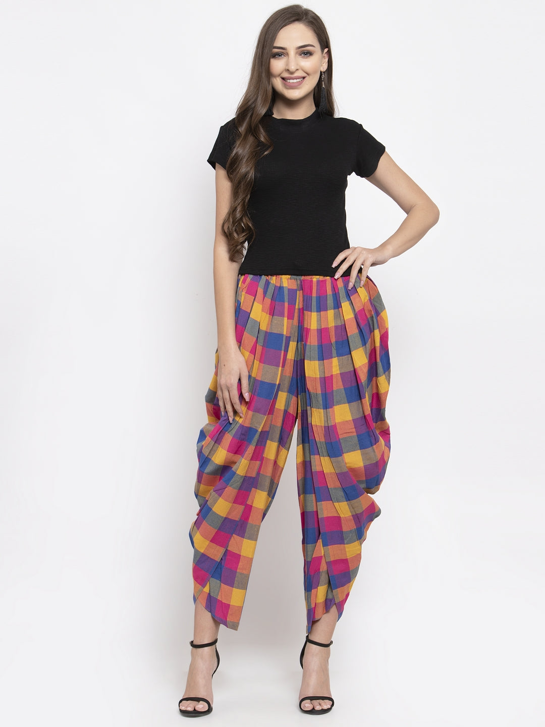 Jompers Women Pink and Yellow Checked Dhoti - Distacart