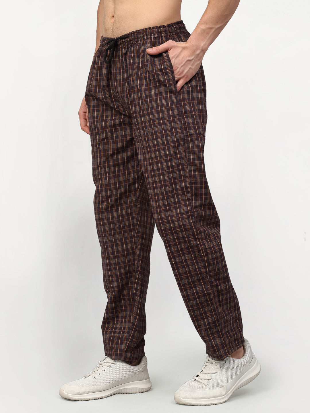 Jainish Men's Brown Cotton Checked Track Pants ( JOG 015Brown ) - Distacart