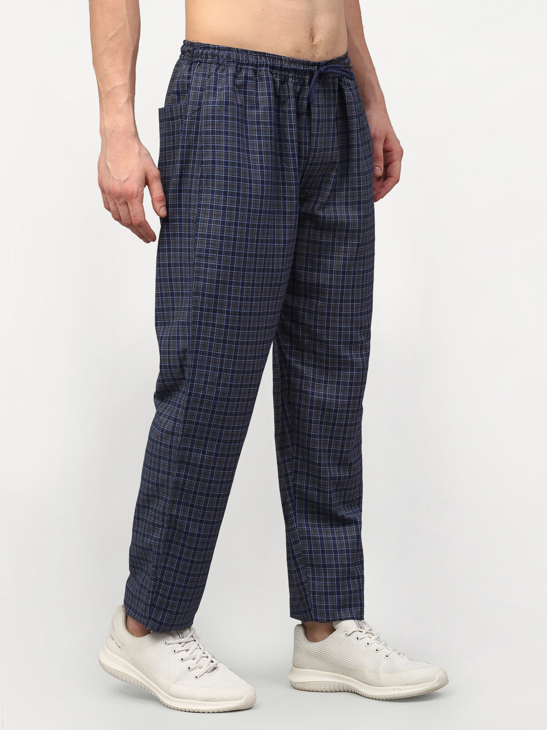 Jainish Men's Navy Blue Cotton Checked Track Pants ( JOG 017Navy-Grey ) - Distacart