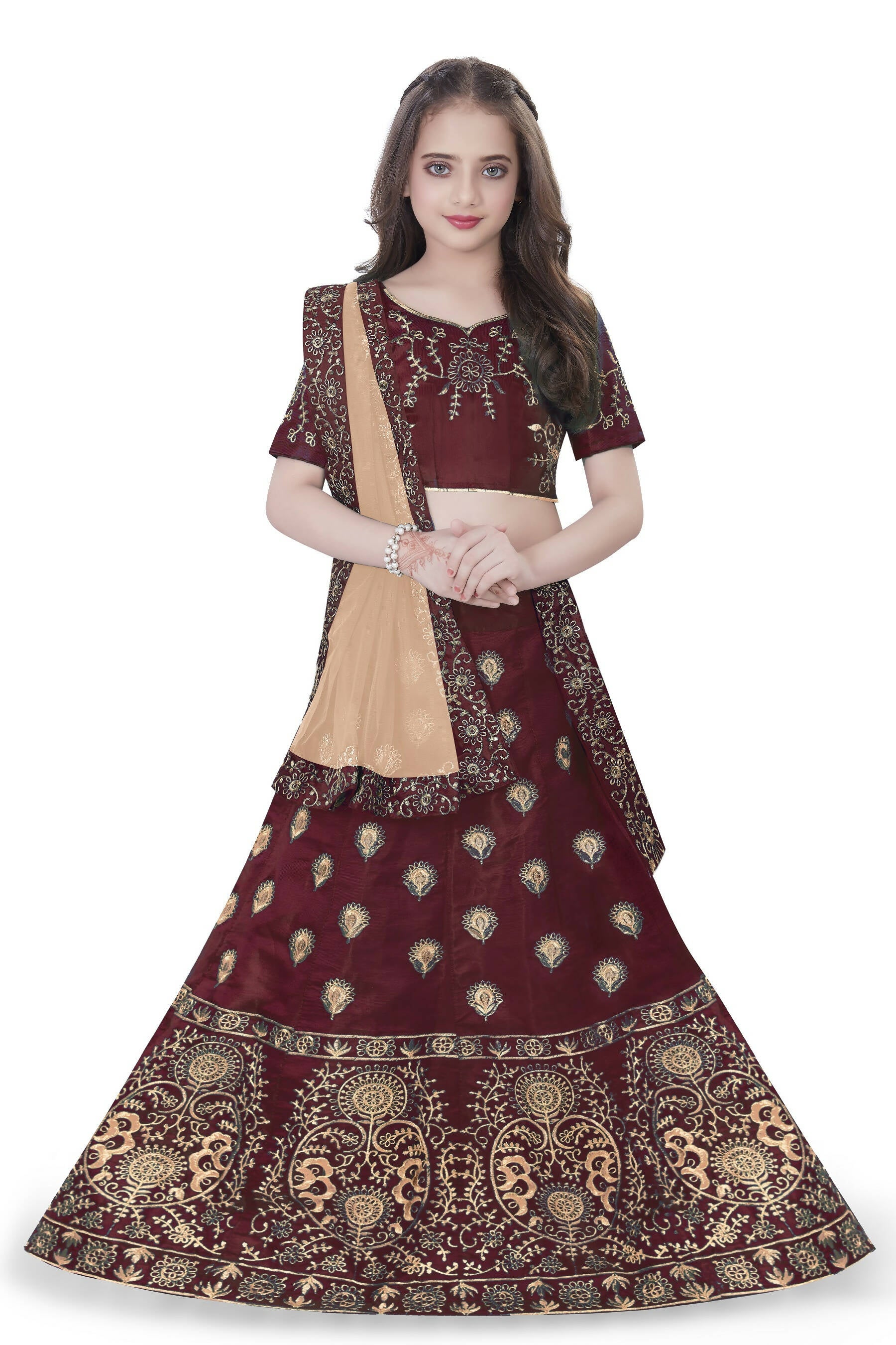 Dwiden Maroon Gulab Tafetta Sattin Semi-Stitched Girl'S Lehenga Choli - Distacart