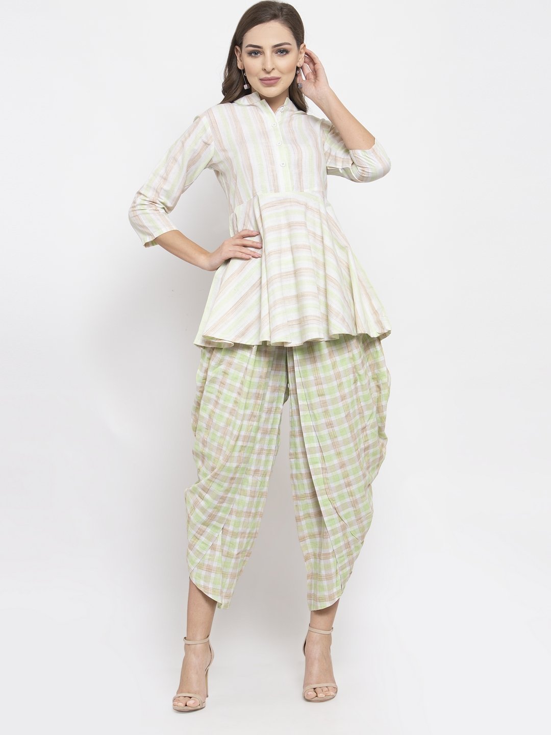 Jompers Women Green and White Striped Kurta with Dhoti Pants - Distacart