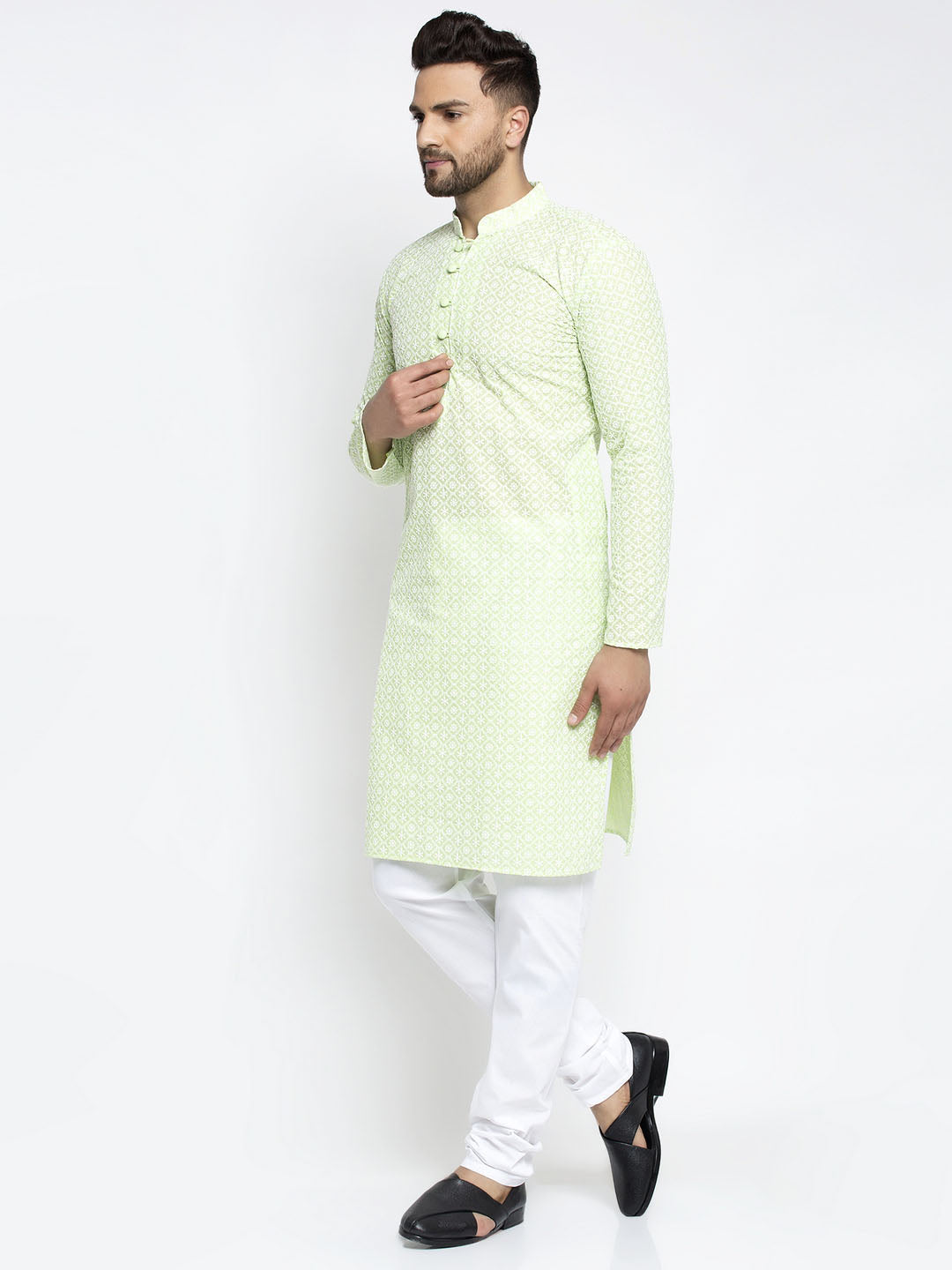 Jompers Men's Dark-Green Embroidered Kurta Only