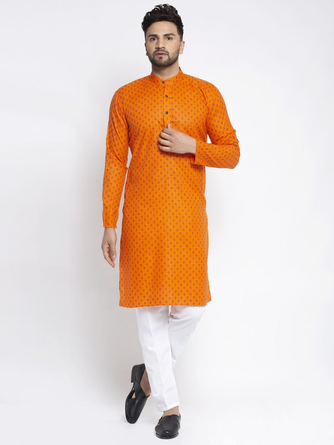 Jompers Men's Orange Printed Kurta Only