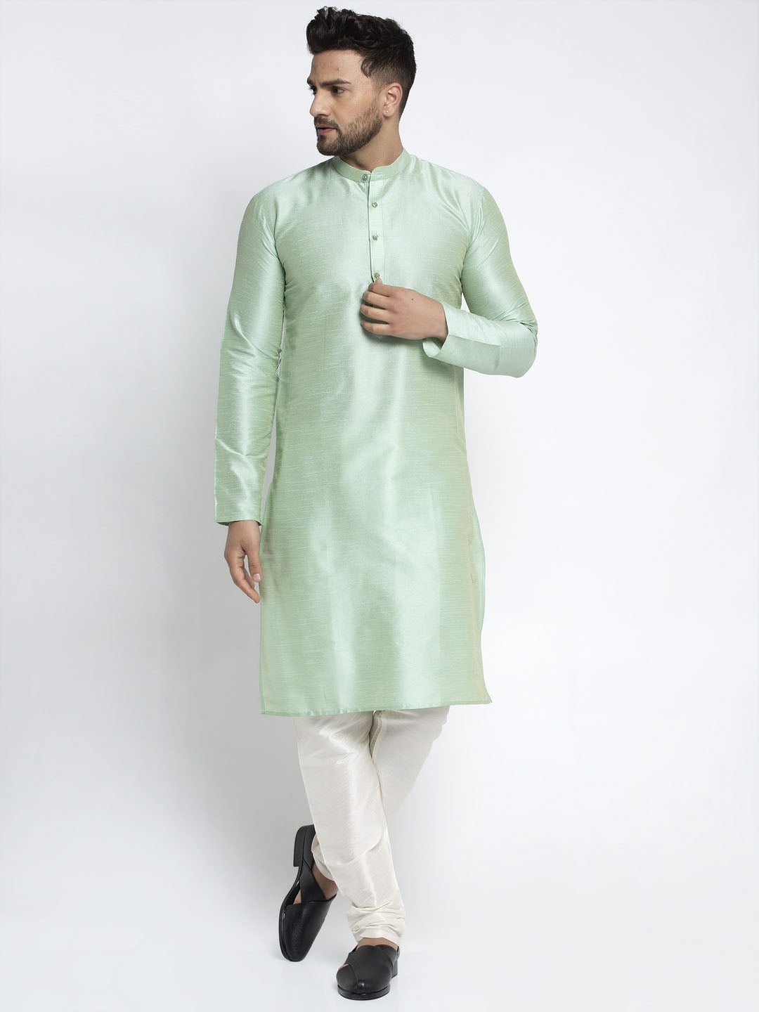 Jompers Men's Green Solid Dupion Silk Kurta Payjama Set