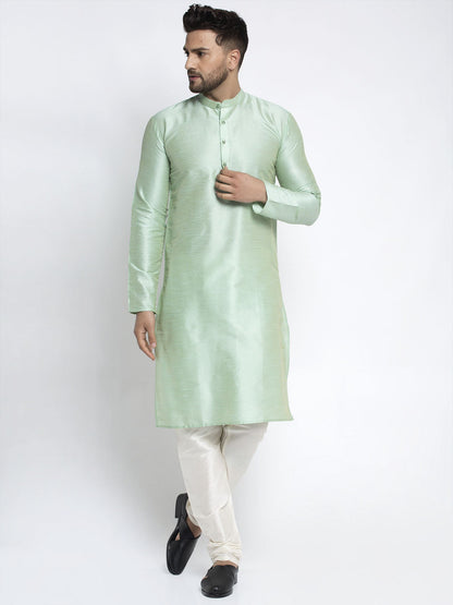 Jompers Men's Green Solid Dupion Silk Kurta Payjama Set