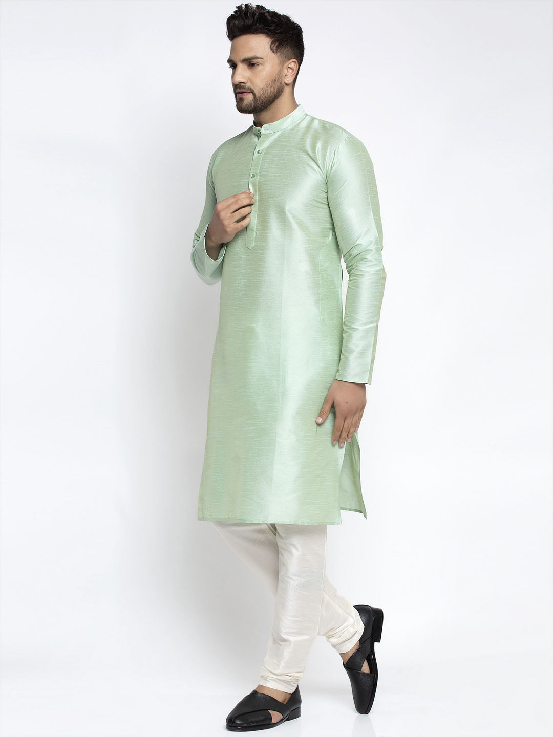 Jompers Men's Green Solid Dupion Silk Kurta Payjama Set