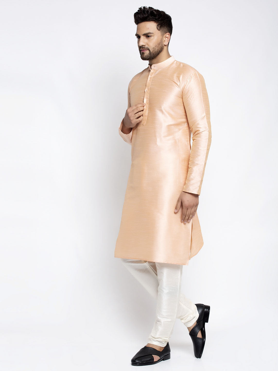 Jompers Men's Peach Solid Dupion Silk Kurta Only