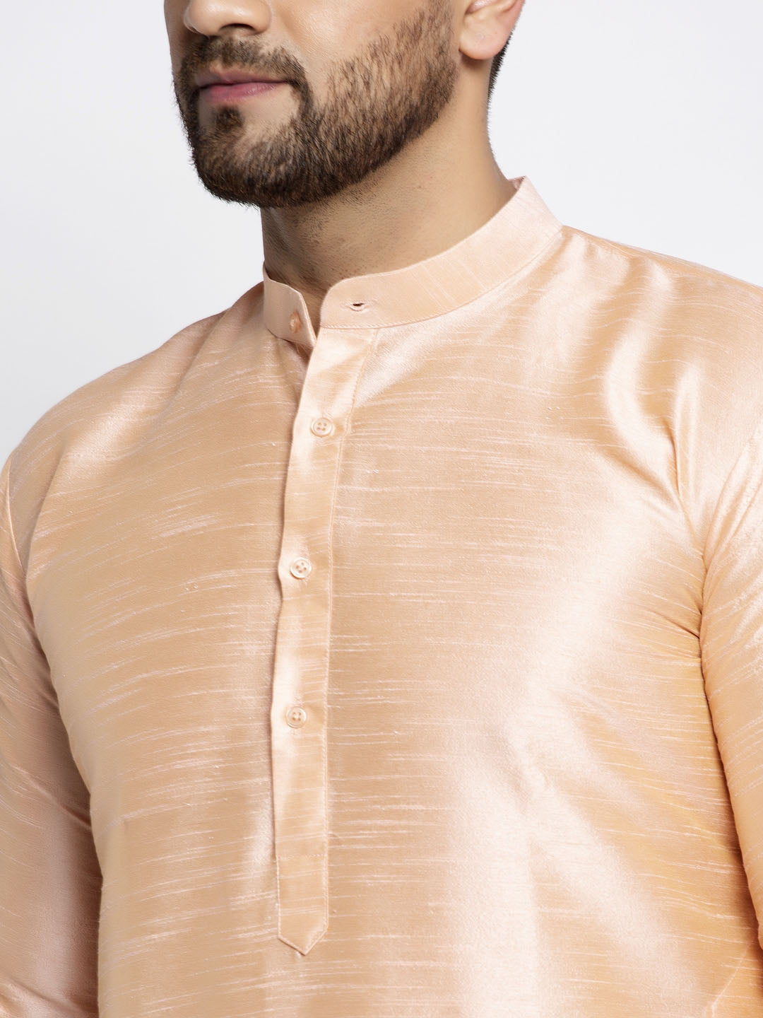 Jompers Men's Peach Solid Dupion Silk Kurta Only