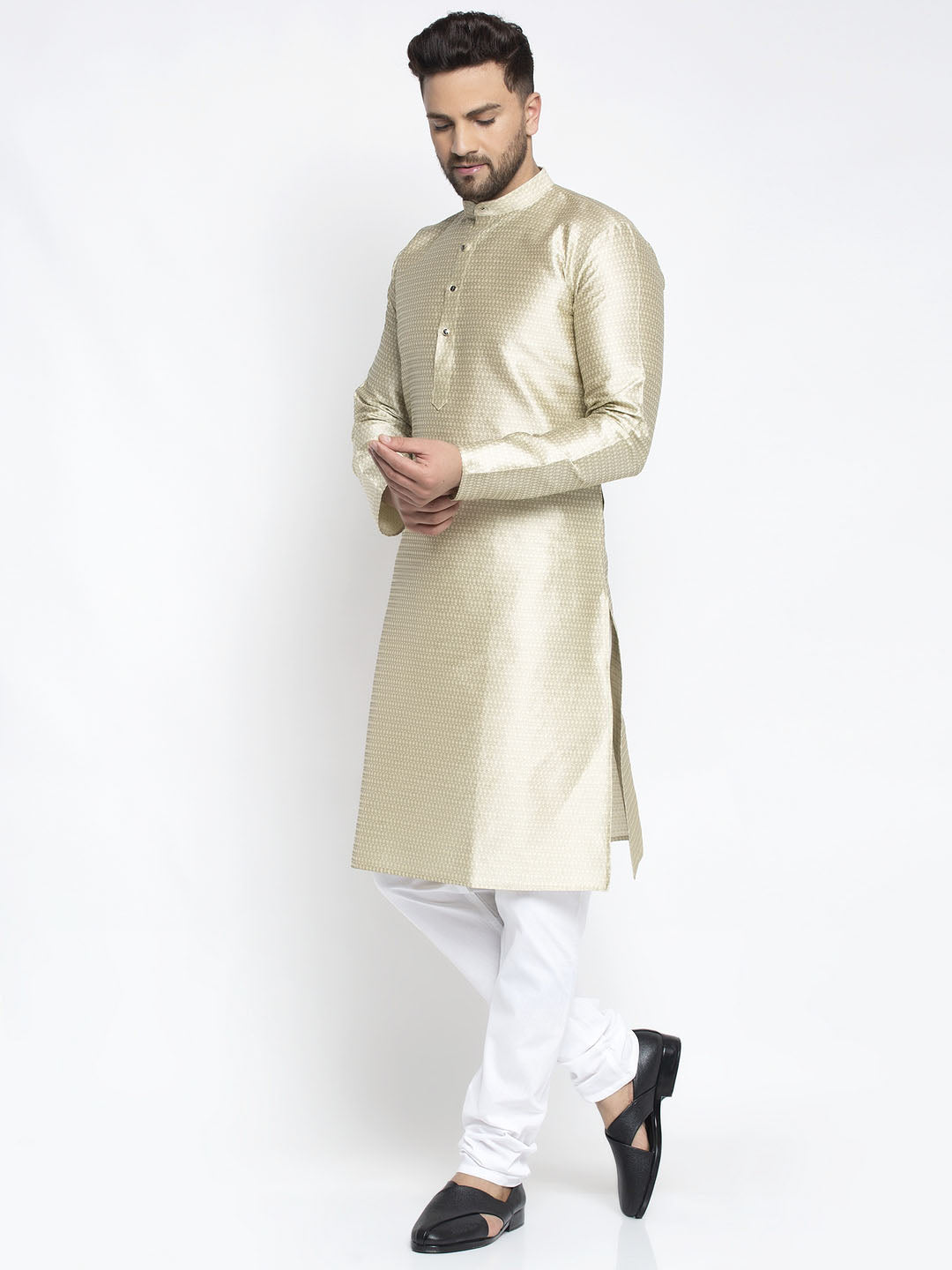 Jompers Men Beige & White Woven Design Kurta with Pyjamas - Distacart