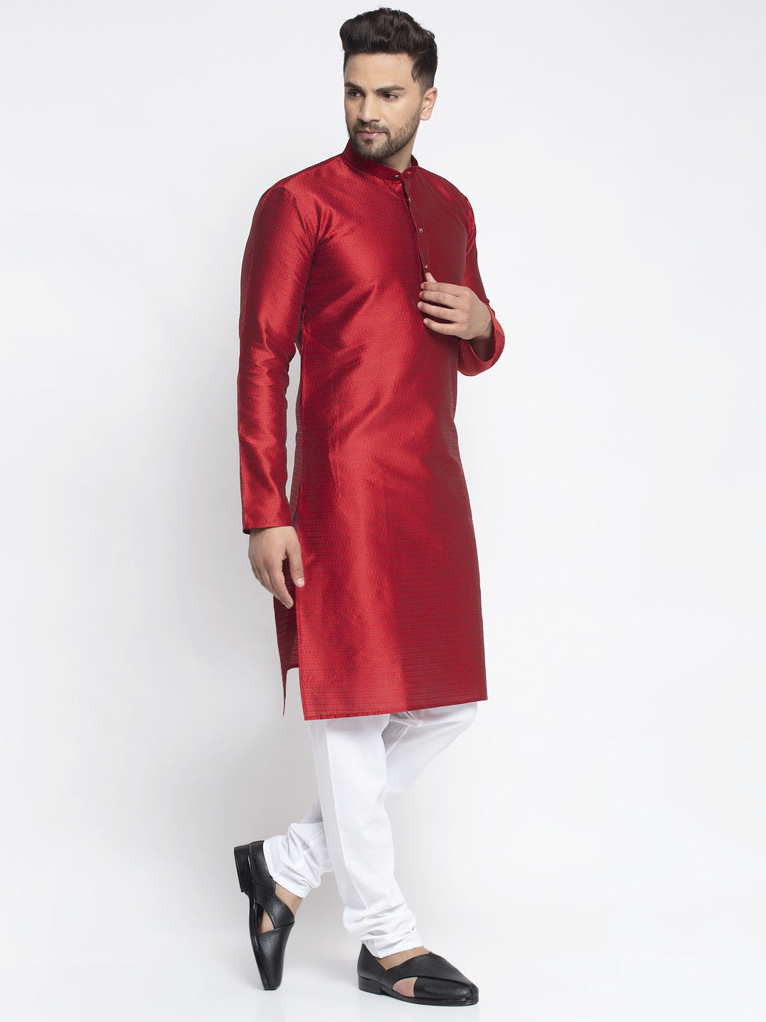 Jompers Men Maroon & White Woven Design Kurta with Pyjamas - Distacart