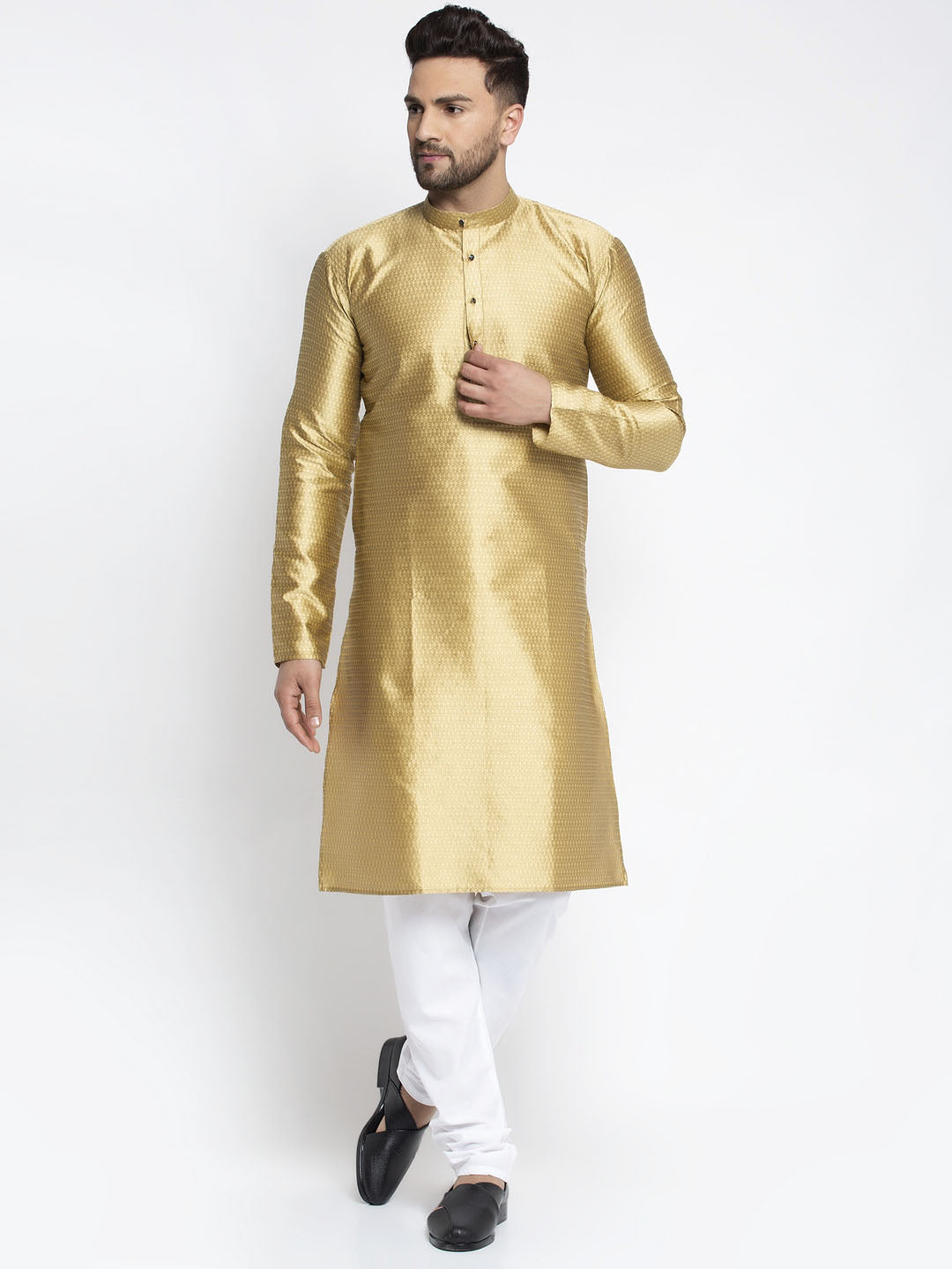 Jompers Men Mustard & White Woven Design Kurta with Pyjamas - Distacart