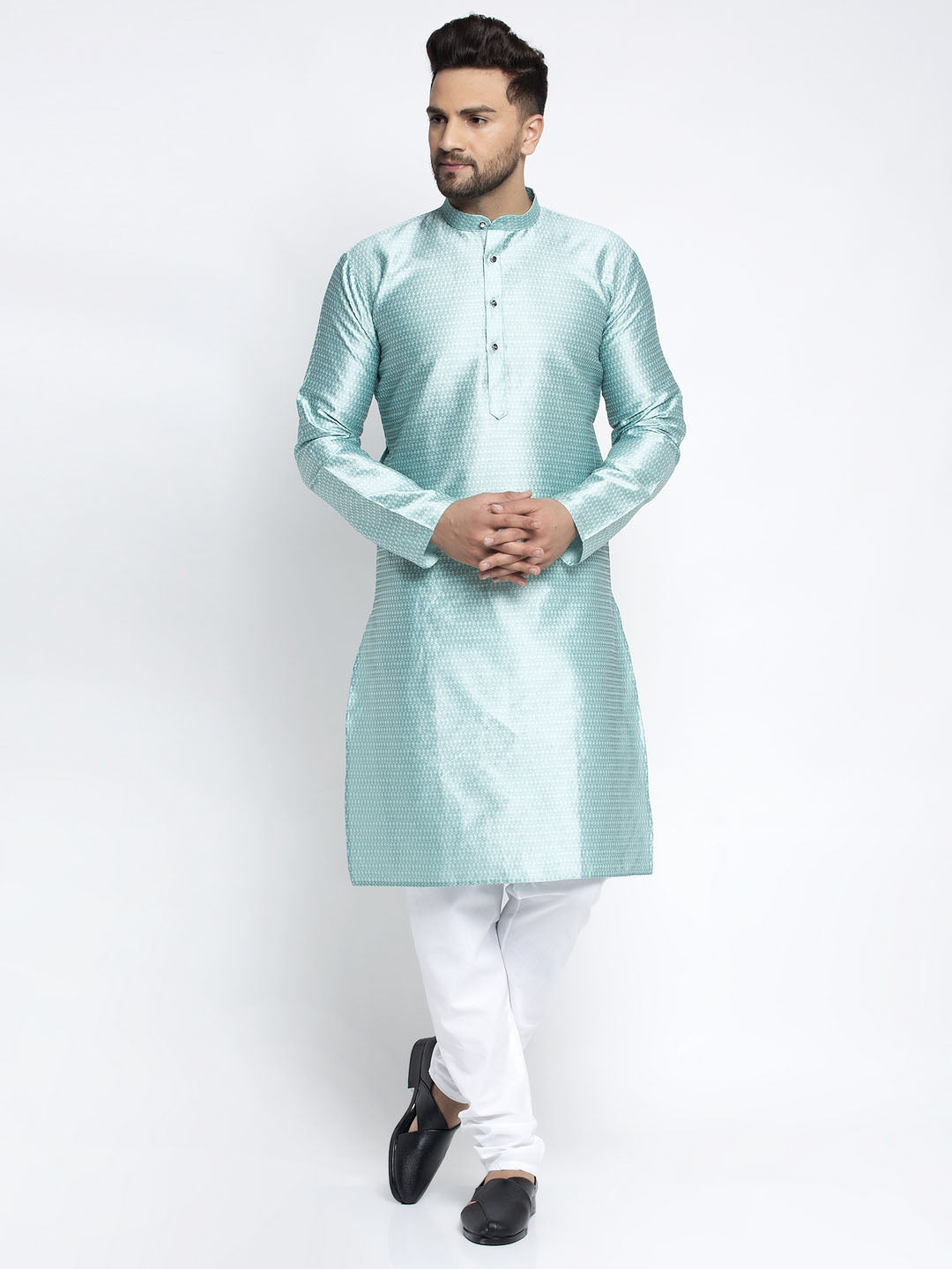 Jompers Men Sky Blue & White Woven Design Kurta with Pyjamas - Distacart