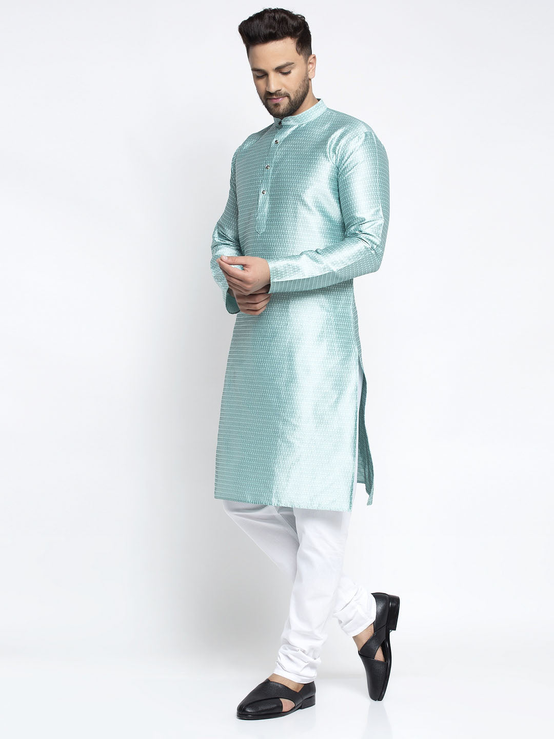 Jompers Men Sky Blue & White Woven Design Kurta with Pyjamas - Distacart