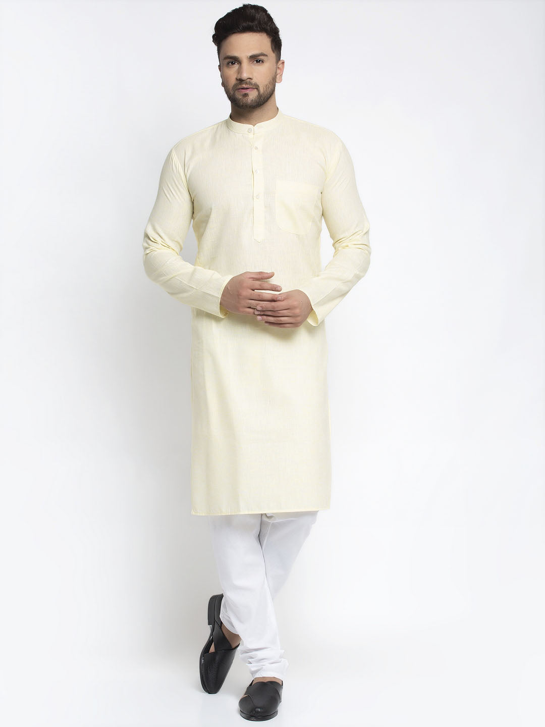 Jompers Men Lemon Yellow & White Self Design Kurta with Pyjamas - Distacart
