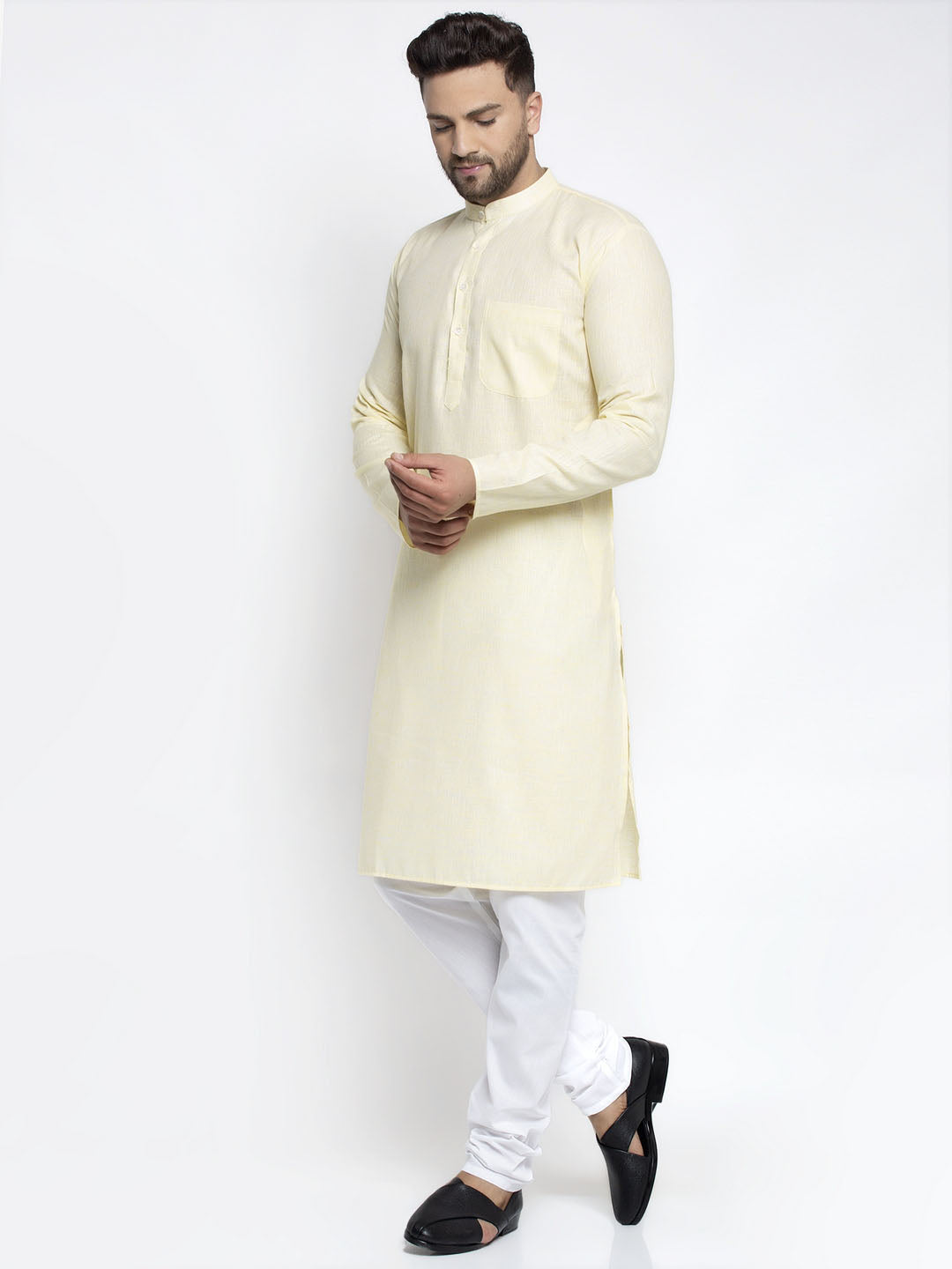 Jompers Men Lemon Yellow & White Self Design Kurta with Pyjamas - Distacart