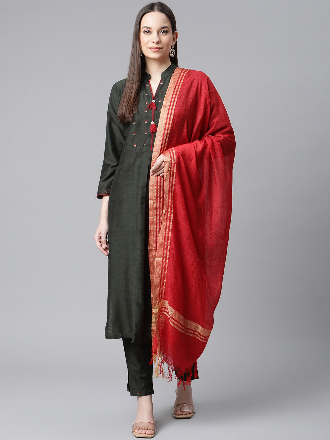 Jompers Women Green Regular Kurta with Trousers & With Dupatta (Green) - Distacart