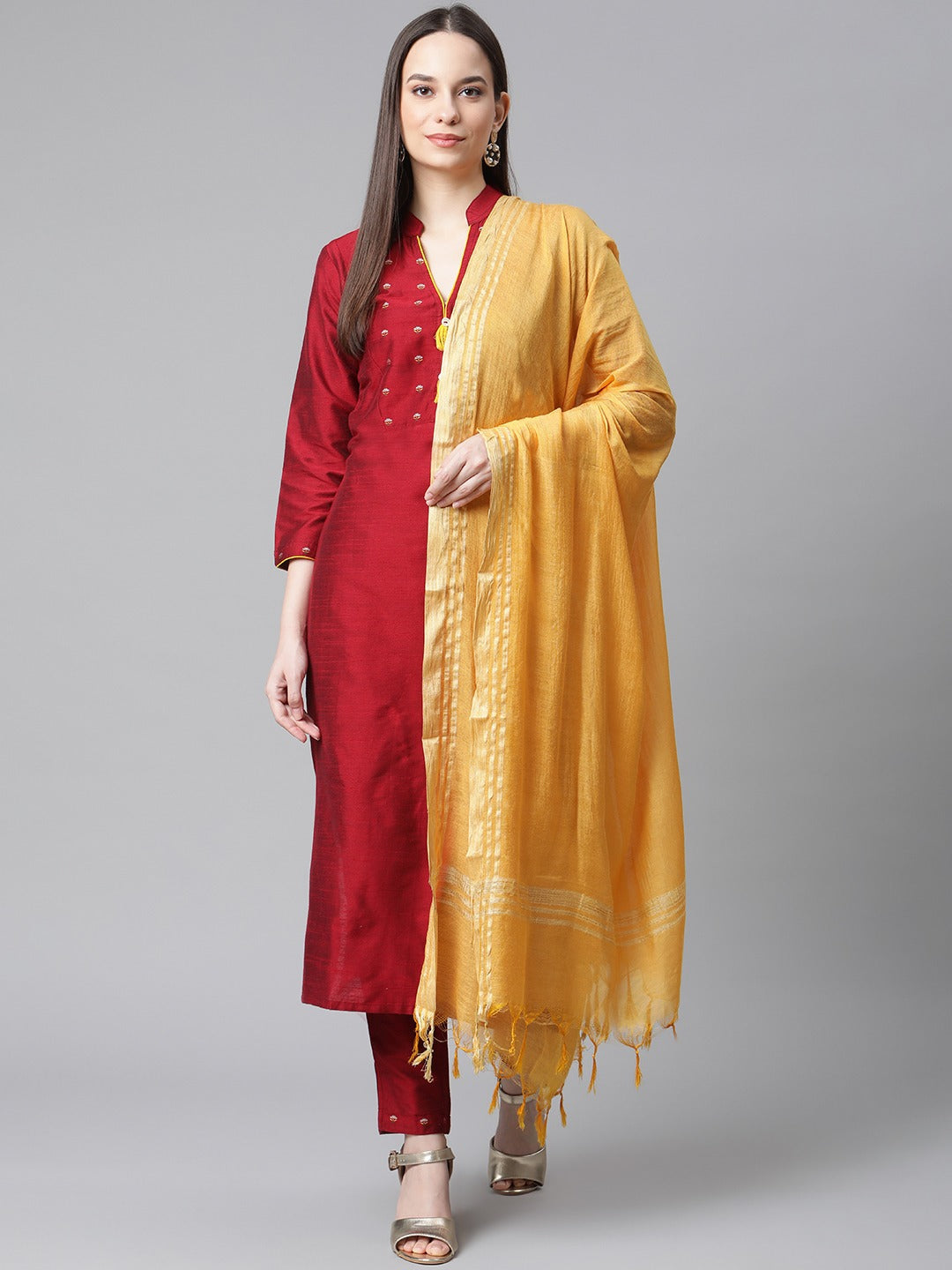 Jompers Women Maroon Regular Kurta with Trousers & With Dupatta (Maroon) - Distacart