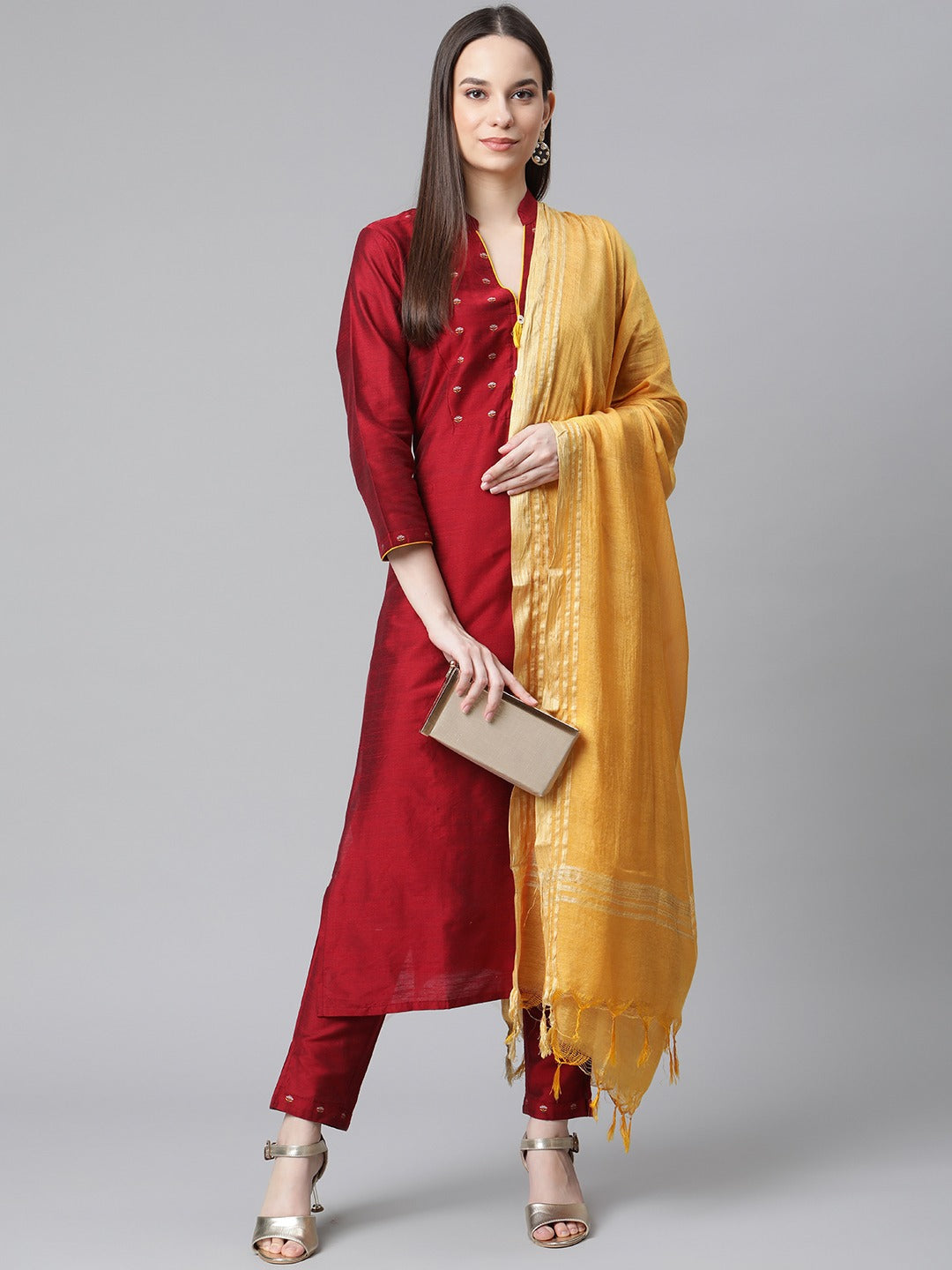 Jompers Women Maroon Regular Kurta with Trousers & With Dupatta (Maroon) - Distacart