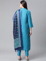 Thumbnail for Jompers Women Blue & Green Self-Striped Kurta with Trousers & Printed Art Silk Dupatta - Distacart